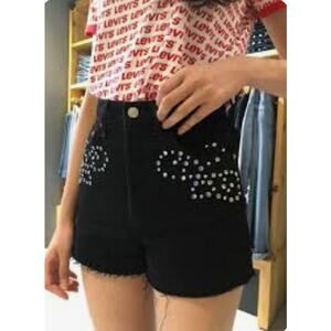 Levi's Ribcage Short Black Cut Off Denim Shorts Big E Bling Embellished Size 28